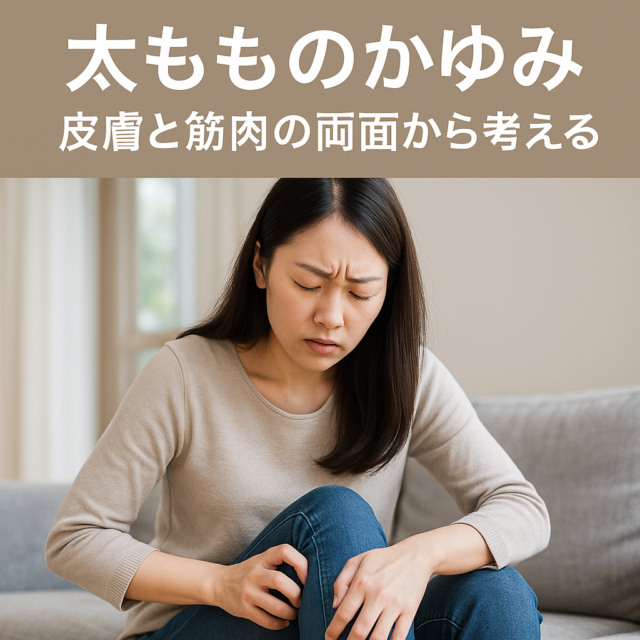 筋肉のかゆみを感じる日本人女性、太ももを掻いているシーン