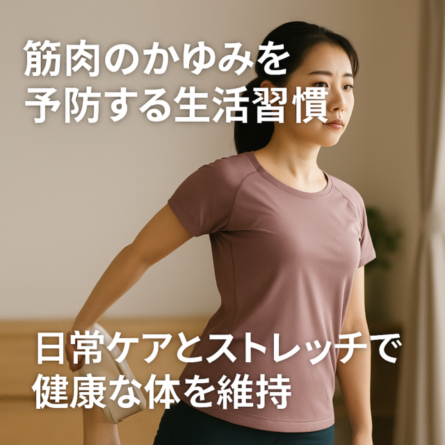 筋肉のかゆみ予防のための生活習慣を見直す日本人女性、ストレッチやケアをしているシーン