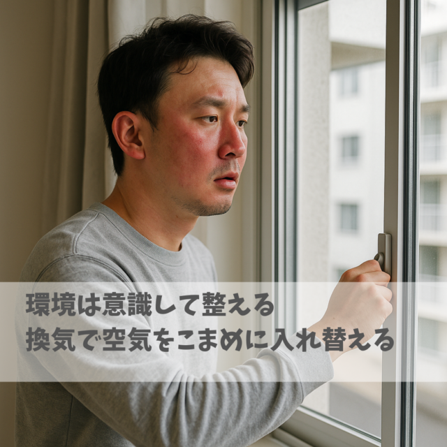 部屋の換気をする日本人男性