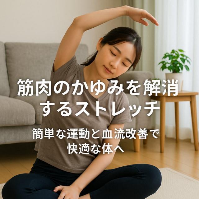 筋肉のかゆみを解消するためのストレッチをしている日本人女性、リラックスした表情