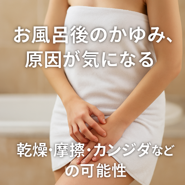 風呂上がりに痒みを感じる日本人女性が自分の足をかいているシーン。背景はリビングで、リラックスした雰囲気