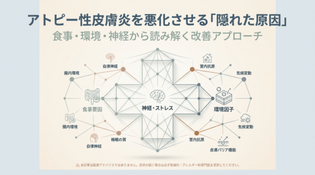 食事・環境・神経から読み解く改善アプローチ」という中央の文字を囲むように、自律神経、腸内環境、睡眠の質、皮膚バリア機能などの要因が網目状に繋がっている概念図。