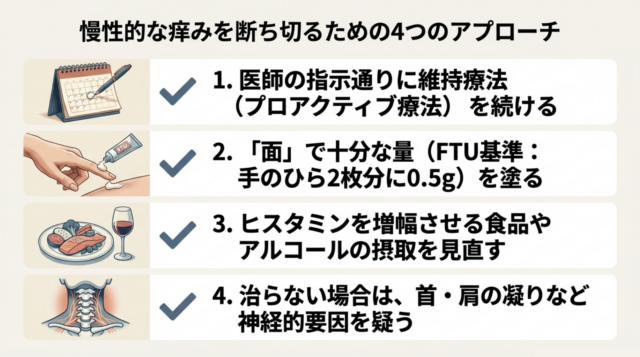慢性的な痒みを断ち切るための4つのチェックリスト。カレンダー、塗り薬、食事、首のイラストによるまとめ。