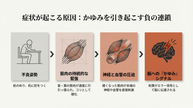 不良姿勢による筋肉の持続的な緊張が、神経や血管を圧迫。それが「かゆみ」というエラー信号となって脳に伝わります 。