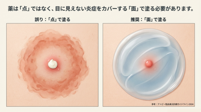 皮膚の赤みに対して薬を中央に置くだけの誤った塗り方と、全体を透明な膜で覆うように広げた正しい塗り方の比較図。