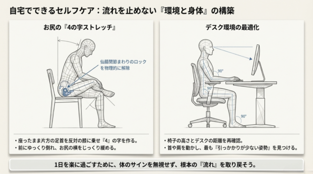 自宅での「4の字ストレッチ」で仙腸関節のロックを解除し、デスク環境（90度の法則）を整えることで、不調のない健やかな流れを作ります 。