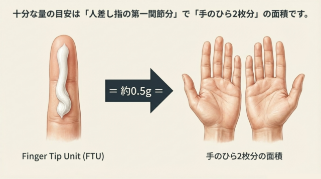人差し指に薬を乗せたFTUの基準と、それに対応する成人の両手のひらのイラスト。1FTU＝0.5g＝手のひら2枚分。