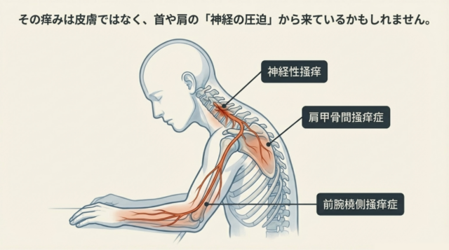 人体の側面解剖図。首や肩の神経が圧迫され、背中や腕の痒み（肩甲骨間掻痒症など）に繋がる経路を示した図。