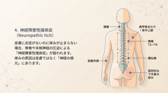 人体背面のイラスト。頸椎、胸椎、腰仙椎の場所と、それぞれの神経圧迫によって痒みが生じやすい部位（前腕、背中、下半身など）の対応図。