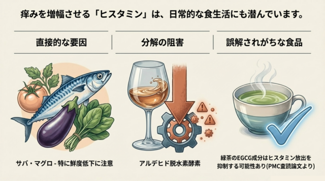 サバ、マグロ、ナス、トマトなどの食品イラストと、アルコールがヒスタミン分解を阻害する仕組み、緑茶の効果を示した図。