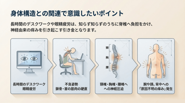 パソコン作業中の眼精疲労、猫背などの不良姿勢、それによる脊椎への神経圧迫を経て、顔や背中に痒みが発生するまでの流れを示した4コマのフローチャート。