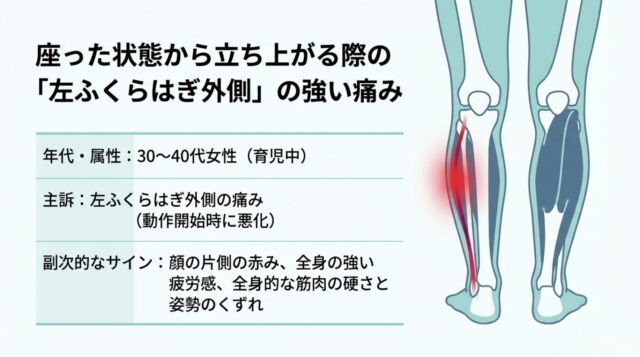 下肢の痛みの部位と、疲労感や姿勢の乱れなどの随伴症状をまとめたイメージ図