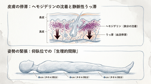 仰向けに寝ている人のシルエット図。首、腰、膝の裏に隙間があることを示す矢印と、「タオル3枚分」という注釈テキストがある。