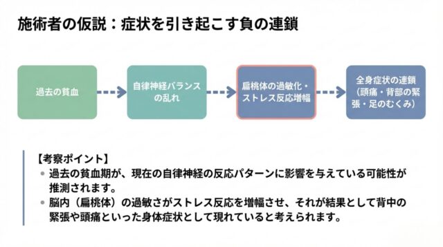 過去の貧血が自律神経の乱れや脳の過敏化を引き起こし、全身症状に繋がる流れを示した図。