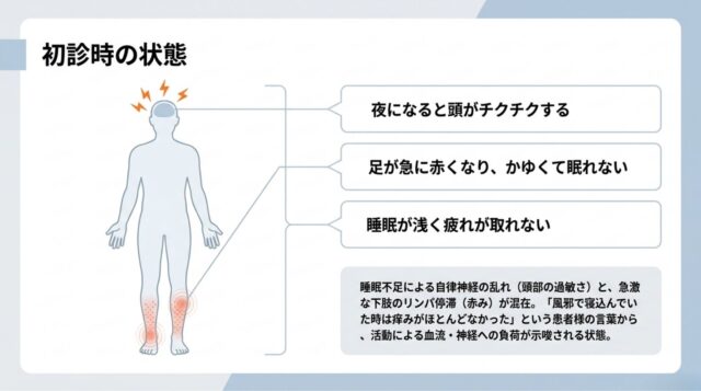 左に人体のイラスト、右に「夜になると頭がチクチクする」「足が急に赤くなり、かゆくて眠れない」「睡眠が浅く疲れが取れない」という3つのテキストボックスが並び、最下部に症状の背景を説明するグレーのボックスがある構成。