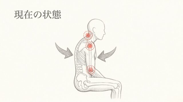 座って前かがみになっている人物の解剖学的イラスト。首、肩、肘の関節が赤い点線の円で強調され、姿勢の悪化を示す矢印が描かれている。