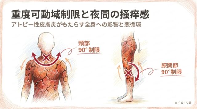 ひび割れたような質感の皮膚を持つ脚のイラスト。膝関節に×印と90度制限の文字、動きを制限する矢印が描かれている。