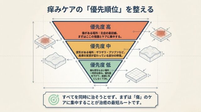 ケアの優先順位を「高（傷）」「中（変形）」「低（一時的）」の逆三角形で表した図解