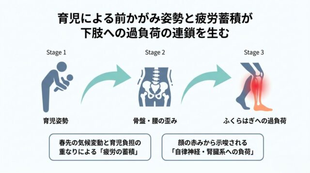 育児姿勢から骨盤の歪み、下肢への過負荷へと至る段階を示した推測図