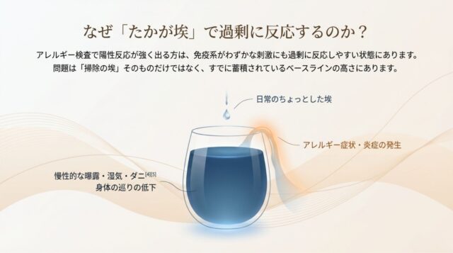 アレルギー反応の蓄積と発生の仕組みを示した図解