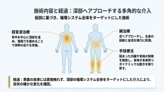 背中への超音波、足への鍼、お腹への手技によって全身の循環を促す様子を描いた図