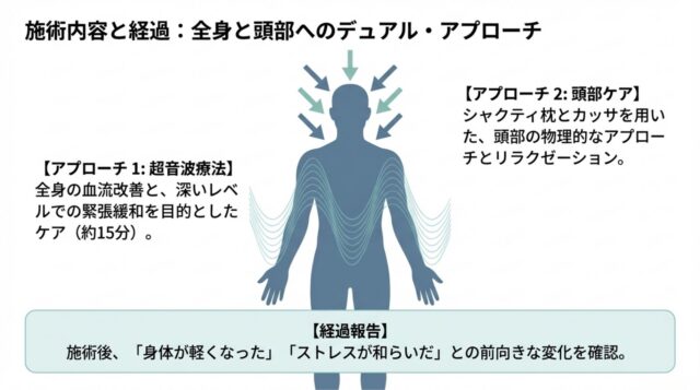 超音波療法による全身ケアと、ツールを用いた頭部ケアの2つのアプローチ方法を示した図。