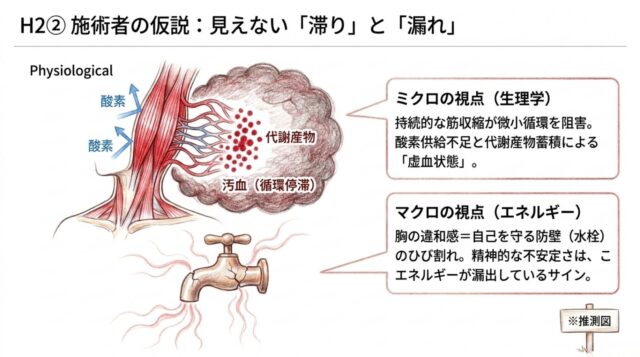 「施術者の仮説」と題されたスライド。筋肉の微小循環が悪化しているイラストと、ひび割れた蛇口から水が漏れるイラスト、それぞれの視点からの解説文。