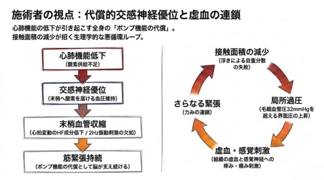 心肺機能低下から筋緊張持続までのプロセスを示すフローチャート。中央に下向きの太い矢印、右側に循環するループ状の矢印が描かれている。