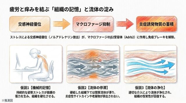 デスクワークをする女性の横向きの図と、皮膚下の間質流体の流れが滞っている様子からスムーズに流れる様子へと変化する、3枚の組織断面図による解説イラスト。