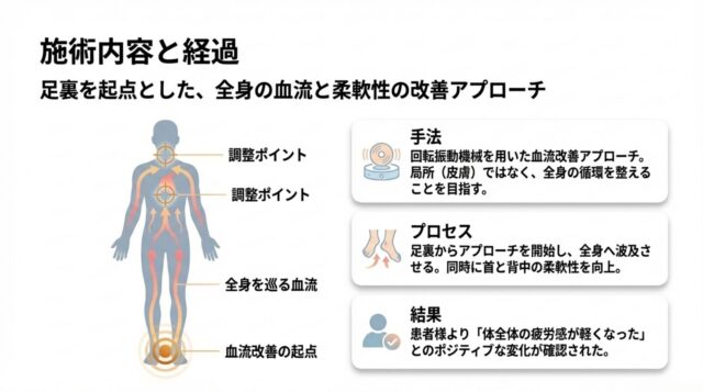 足裏から上向きの矢印が伸び、全身の血流が改善される様子を描いた人体図。首と背中にターゲットマークがあり、全身の柔軟性と循環を整えるプロセスを示している。  