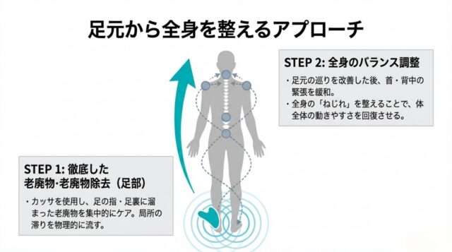 足元にカッサを当てるイラストと、そこから全身へ調整が波及していく様子を矢印とポイントで描いた人体図。