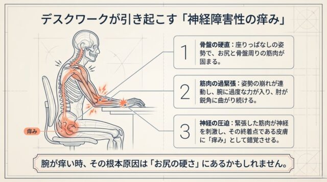骨盤の硬直から腕の筋肉の緊張、神経の圧迫を経て痒みに至るプロセスを示した図