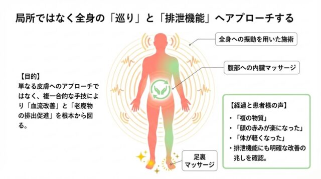全身の血流改善イメージ。腹部マッサージと足裏ケア、全身への振動が循環を促している様子を表現したイラスト。