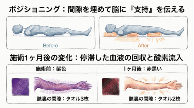 タオルで隙間を埋める前後の寝姿勢の比較図と、皮膚の色が紫色から赤黒く変化したことを示す腕のイラスト。