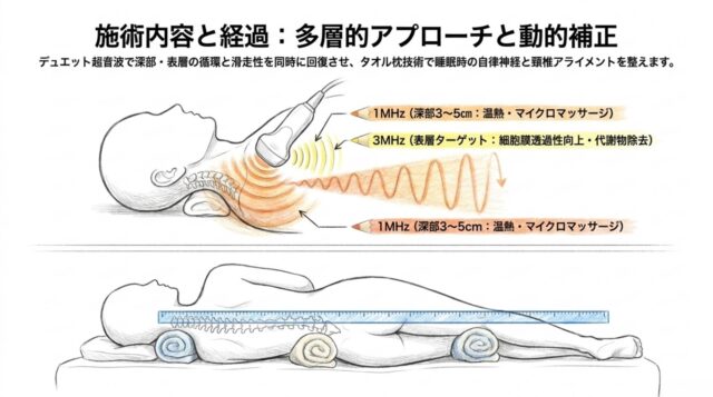 施術の概念図。1MHz、3MHz、21MHzという異なる周波数の超音波が、それぞれ皮膚の異なる深さ（表層から深部3〜5cmまで）に到達し、組織をケアしている様子を示す図。