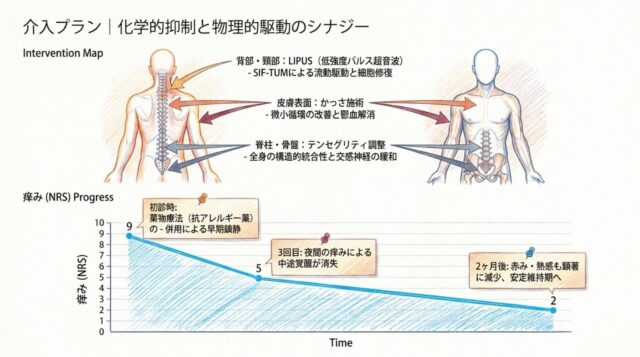 施術内容（LIPUS、かっさ等）を示す人体図と、痒みの数値が時間の経過とともに劇的に下がっていく右肩下がりの折れ線グラフ。