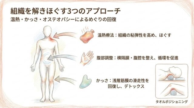 仰向けで首の下にタオルを入れた図と、膝の下にタオルを入れた図。組織をほぐすための3つのアプローチ（温熱・腹部・かっさ）の説明文。