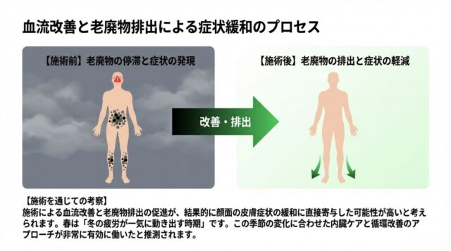 施術前後を比較する図。施術前は老廃物が溜まっているが、後は排出され、顔の赤みが引いている対比。