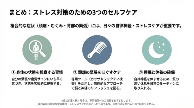 身体の観察、頭部の緊張緩和、睡眠と休養の確保という3つのセルフケアを示した図。