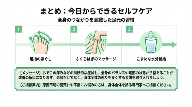 足指ほぐしや水分補給など日常でできるセルフケアのイラスト図