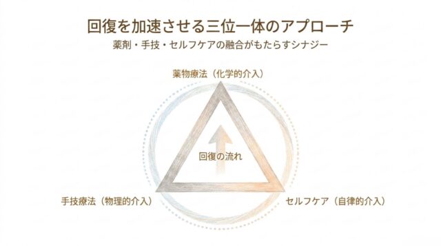 薬剤、手技、セルフケアの3つの円が中心の「回復の流れ」を囲むベン図の形式の図解。