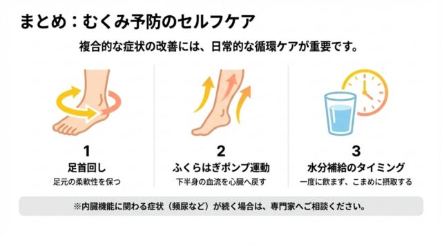 * 足首を回すイラスト、時計とコップ（水分補給）のイラスト。それぞれ足元の柔軟性維持、心臓への血流還流、適切なタイミングでの水分摂取を説明している。