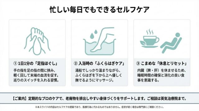 * 足指を回す手の図、湯船の中の足の図、温かい飲み物とリラックスする人の図が描かれた、自宅でできるセルフケアのチェックリストスライド。