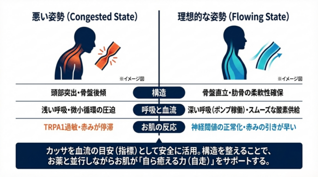 猫背で血流が滞っている暗いシルエット（左）と、背筋が伸びて血流がスムーズな青いシルエット（右）の対比図。それぞれに血管の圧迫状態と解放状態のイメージ図が添えられている。
