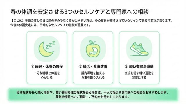  睡眠（Zzz）、食事、運動を象徴する3つのアイコン。セルフケアのポイントをまとめたリスト。