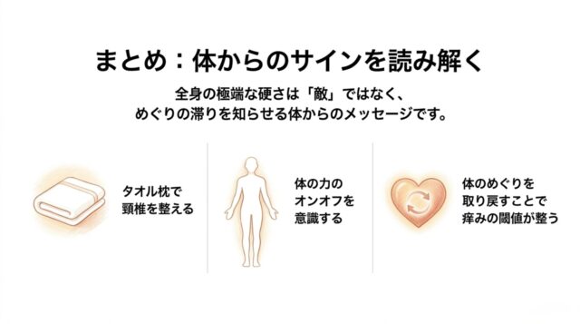直立するシンプルな人体のシルエット。全身が淡い黄色とオレンジの光に包まれており、健やかに循環が改善された状態を表現している。左側と右側にまとめのメッセージテキストが配置されている。