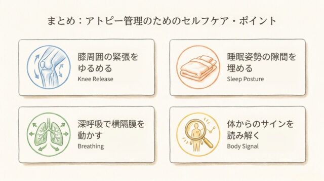 膝、寝具、肺、全身観察をそれぞれ象徴する4つの円形アイコンと、各セルフケアの名称。