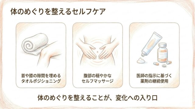 タオルポジショニング、腹部のセルフマッサージ、薬剤（塗り薬と飲み薬）の3つのイラスト。