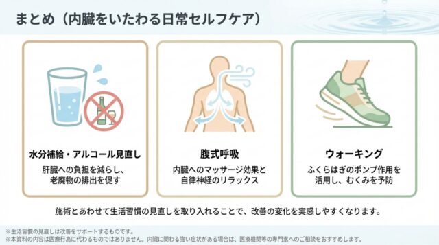 * 日常のセルフケアを促す3つの図解。水分補給と脱アルコールによる肝臓ケア、腹式呼吸によるリラックス、ウォーキングによるむくみ予防が推奨されている。 
