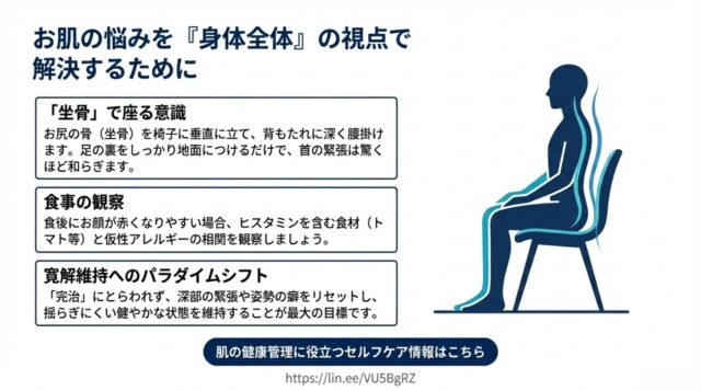 * 椅子に深く腰掛け、背筋を伸ばして足裏をしっかり地面につけた人物のシルエット。横に「坐骨で座る意識」や「食事の観察」などのアドバイスが記載されている。